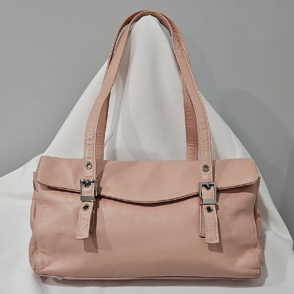 Perlina Powder Pink Leather Shoulder Bag with Buckle Straps